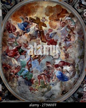 Peinture au plafond de Chiesa Del Gesu Nuovo, Chiesa del Gesu Nuovo, Église du Nouveau Jésus, Naples, Italie, Italien, beaux-arts. L'architecture baroque a été achevée en 1750, Fresco. Banque D'Images