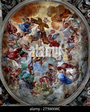 Peinture au plafond de Chiesa Del Gesu Nuovo, Chiesa del Gesu Nuovo, Église du Nouveau Jésus, Naples, Italie, Italien, beaux-arts. L'architecture baroque a été achevée en 1750, Fresco. Banque D'Images