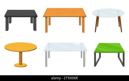 Différentes tables ensemble isolé sur fond blanc. Meubles de tables en bois, verre, métal et plastique pour pièce ou intérieur. Tables basses Illustration de Vecteur