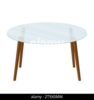 Table de bureau ronde en verre vide sur pieds en bois isolé sur fond blanc. Icône de table basse transparente moderne. Meuble d'intérieur. Illustration de Vecteur