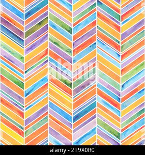 Fond abstrait de chevron de vacances aquarelle. Motif sans couture de coups de pinceau multicolores dessinés à la main. Texture géométrique aquarelle. Imprimés pour textiles, Banque D'Images