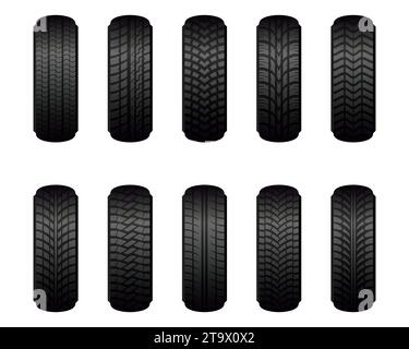 Pneus de roue de voiture de différents types de marques de bande de roulement ensemble isolé sur fond blanc. Pneus en caoutchouc pour la saison d'été et d'hiver vue de face. Vulcanisation Illustration de Vecteur