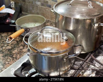 Casseroles et poêles cuisant sur une cuisinière à gaz dans une maison résidentielle familiale ou une maison. Banque D'Images