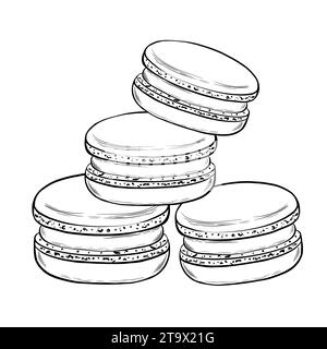 Macarons décorés dans un style graphique. Impression universelle pour vos notes culinaires, recettes, cartes, livre de cuisine, textile. Illustration vectorielle. Dessiné à la main en A. Illustration de Vecteur