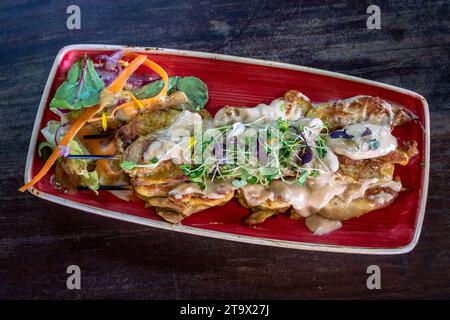 une assiette de brochettes de poulet satay recouverte d'une délicieuse sauce sur une assiette rouge. Banque D'Images