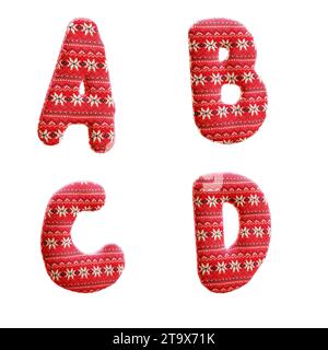 Rendu 3d de l'alphabet de tissu de noël tricoté - lettres A-D. Banque D'Images
