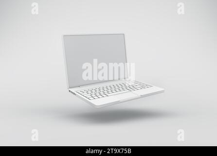 Blanc Ouvrir ordinateur portable sur un fond de studio. Concept minimal. Monochrome. Rendu 3D. Banque D'Images
