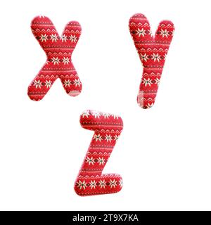Rendu 3d de l'alphabet de tissu de noël tricoté - lettres X-Z Banque D'Images