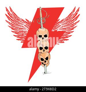 T-shirt design de crânes embrochés par des épées sur le symbole du tonnerre ailé. Bonne image diabolique pour le moyen âge. Illustration de Vecteur