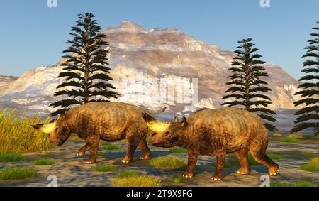 Arsinoitherium était un mammifère lourd ressemblant au rhinocéros qui vivait en Afrique au début de l'Oligocène. Banque D'Images