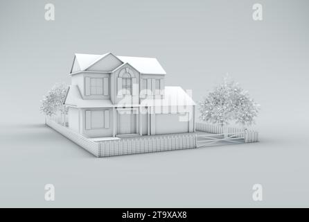 Maison Blanche avec des arbres et une clôture sur un fond de studio gris. Concept minimal. Monochrome. Rendu 3D. Banque D'Images