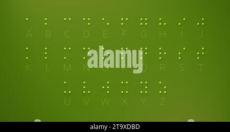 Guide de l'alphabet en braille système d'écriture pour malvoyants symbole formé de sphères. Points vert clair sur fond vert. Rendu 3D. Banque D'Images