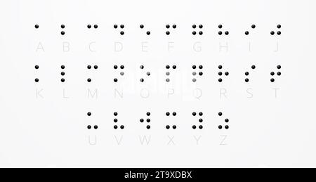 Guide de l'alphabet en braille système d'écriture pour malvoyants symbole formé de sphères noires. Points noirs sur fond blanc. Rendu 3D. Banque D'Images