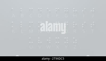 Système d'écriture braille pour malvoyants symbole formé de sphères blanches sur un papier gris. Monochrome. Rendu 3D. Banque D'Images