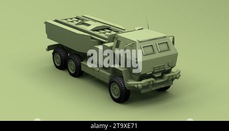 Camion militaire vert M142 HIMARS sur un fond de studio vert. Concept minimal. Vue en perspective. Rendu 3D. Banque D'Images