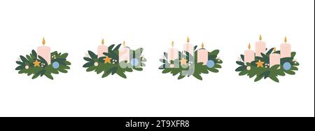 Couronnes de l'Avent ensemble avec des bougies.Vector illustration dans un style plat Illustration de Vecteur