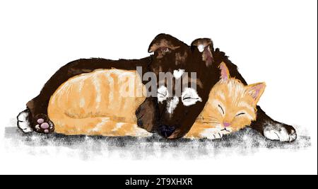 Mignon chiot et chaton dormant ensemble illustration Banque D'Images