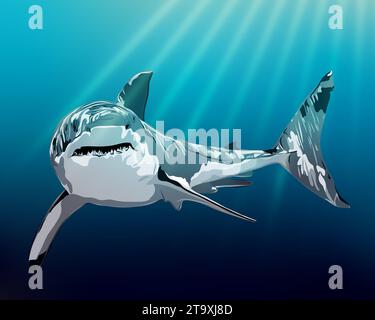 Grand requin blanc nageant dans l'illustration des profondeurs Banque D'Images