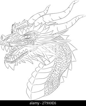 Dessin au trait de dragon en bois - symbole de 2024 Vector illustration d'une tête de dragon en bois vert avec un cou. Tête avec cornes, dents, moustache Illustration de Vecteur