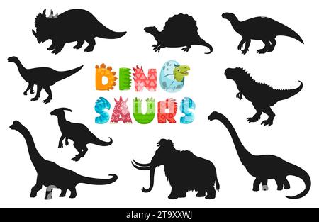 Silhouettes de personnages de dinosaures de dessin animé. Centrosaurus, Dimetrodon, Iguanodon et Plateosaurus, Parasaurolophus, Tarbosaurus dinosaures drôles, silhouettes de vecteurs de reptile ou de lézard éteints Illustration de Vecteur