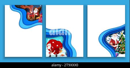 Affiches de vacances découpées en papier de Noël. Modèles vectoriels avec Père Noël drôle assis à la cheminée, transporter sac cadeau et se tenir près du sapin décoré dans la forêt de nuit avec de la neige. cartes d'effet de découpe de papier 3d. Illustration de Vecteur