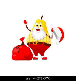 Personnage de Père Noël de poire de vacances de Noël avec des cadeaux de Noël. Vector personage de fruit de poire jaune mignon avec la barbe blanche du Père Noël, chapeau rouge, costume et sac de cadeaux. Emoji de fruits de Noël de dessin animé Illustration de Vecteur