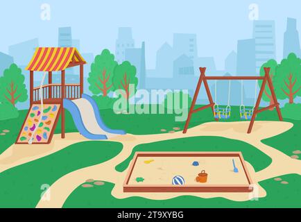 Aire de jeux pour enfants sans enfants dans le parc. Équipement de terrain de jeu extérieur pour jardin d'enfants ou maison. Fond de dessin animé vectoriel Illustration de Vecteur