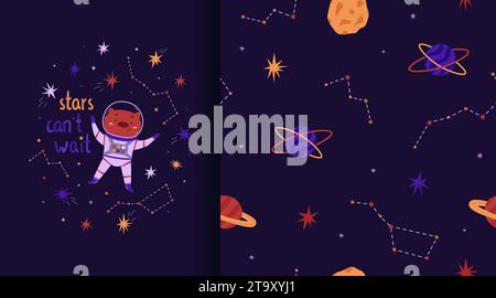 Motif cosmique sans couture et affiche. Constellations et planètes. Illustration vectorielle. Étoile, lune et constellations. Motif pour papier peint Illustration de Vecteur