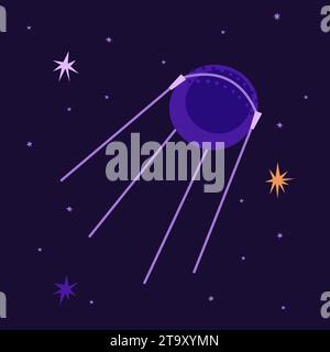 Satellite cosmique sur le fond de l'illustration vectorielle du ciel étoilé. Vaisseau spatial de style plat. Idéal pour les autocollants Illustration de Vecteur