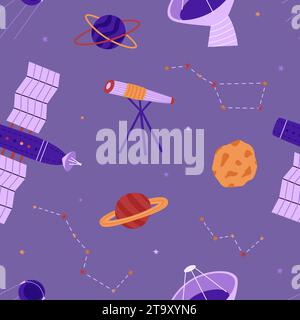 Modèle cosmique sans soudure avec satellite et télescopes de l'ISS. Planètes, lune et étoiles. Illustration vectorielle. Journée cosmonautique. Illustration de Vecteur