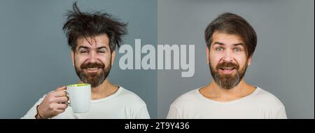 Bonjour. Homme avec tasse de thé. Hipster homme avec tasse de café. Homme barbu avec tasse après bonjour. réveil matinal. Mans tient une tasse de café Banque D'Images