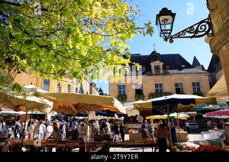 Le célèbre marché de Sarlat sur la place de la liberté, entre la mairie et la cathédrale. Sur ce marché, très populaire auprès des gens de la ville, le Banque D'Images