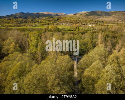 Vue aérienne de la passerelle simple du pont suspendu sur la rivière Segre en automne (Cerdanya, Catalogne, Espagne, Pyrénées) Banque D'Images