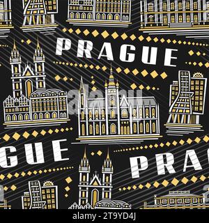 Vector Prague Seamless Pattern, répétition de fond avec illustration du célèbre paysage de la ville européenne de prague sur fond sombre pour linge de lit, décorati Illustration de Vecteur