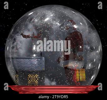 Boule à neige avec le Père Noël marchant sur le toit et cheminées le soir de Noël avec clair de lune. Un traîneau avec des rennes dans le ciel - rendu 3D. Banque D'Images