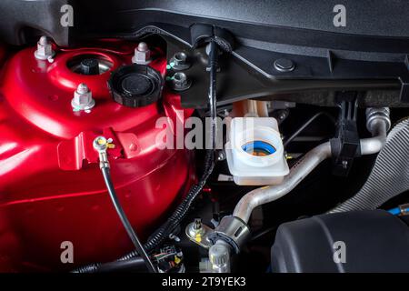 Ouvrir le réservoir de liquide de frein, vérifier le liquide de frein. Concept d'entretien de voiture. Banque D'Images