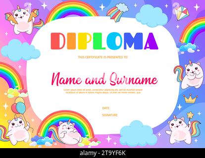 Diplôme pour enfants. Chats cationcorn mignons magiques et personnages chaton sur les nuages de ciel. Vector diplôme ou certificat de l'éducation des enfants avec dessins animés drôles licornes chats, arcs-en-ciel, crème glacée et ballons Illustration de Vecteur