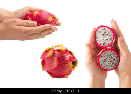 Fruit de dragon sucré et savoureux ou pitaya en femme isolée à la main sur blanc. Banque D'Images