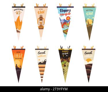 Ensemble de fanions d'aventure. Motif drapeaux de camping Pennant. Designs de plein air vintage avec symboles de camp d'été montagnes, lanterne, pêche. Vecteur stock Illustration de Vecteur