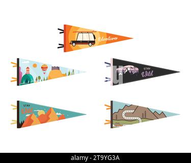 Ensemble de fanions d'aventure. Motif drapeaux de camping Pennant. Designs de plein air vintage avec symboles de camp d'été montagnes, bison, camping-car. Vecteur stock Illustration de Vecteur