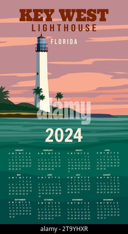 Calendrier 2024 Poster Key West Lighthouse Florida Retro Illustration de Vecteur