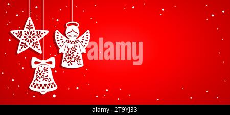 Bannière horizontale dans le style de coupe de papier. Illustration dessinée à la main de vecteur d'ange de Noël orné, étoile et cloche sur fond rouge Illustration de Vecteur