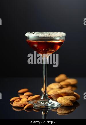 Liqueur italienne alcoolisée forte Amaretto avec des noix d'amandes sur fond noir. Banque D'Images
