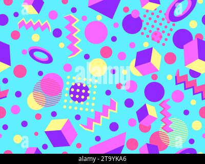 Motif Memphis sans couture avec 3D formes géométriques dans le style 80s. Motif géométrique coloré. Conception de produits promotionnels, papier d'emballage et printin Illustration de Vecteur