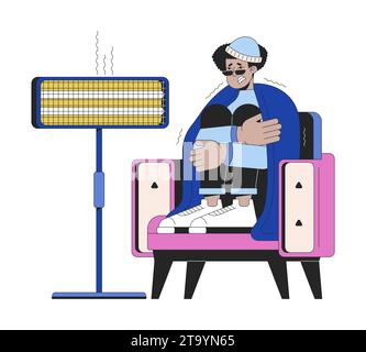 Utilisation du chauffage électrique dans l'illustration plate de dessin animé de ligne d'hiver Illustration de Vecteur