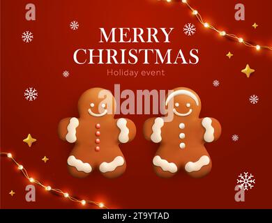 3d modèle de bannière Joyeux Noël avec un couple de mignon homme et femme en pain d'épice, isolé sur fond rouge. Idée de carte cadeau de Noël. Concept de newsletter Noel. Illustration vectorielle 3D. Illustration vectorielle Illustration de Vecteur