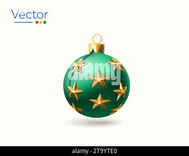 ornement vert 3d décoré avec des étoiles dorées, isolé sur fond blanc. Icône de décoration de Noël 3d, illustration vectorielle. Illustration vectorielle Illustration de Vecteur