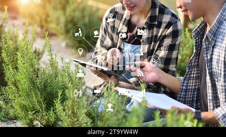 Cliché recadré d'un couple d'agriculteurs utilisant une tablette numérique pour contrôler le processus de culture du champ de romarin Banque D'Images