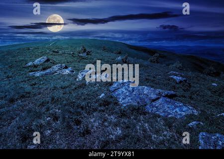 paysage de montagne avec des pierres parmi l'herbe au sommet de la colline sous le ciel nuageux d'été la nuit. magnifique paysage de campagne en plein moo Banque D'Images