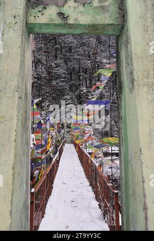 un beau pont suspendu couvert de neige au-dessus de la rivière lachung chu dans la vallée de yumthang près de lachung hill station en hiver, au nord du sikkim en inde Banque D'Images